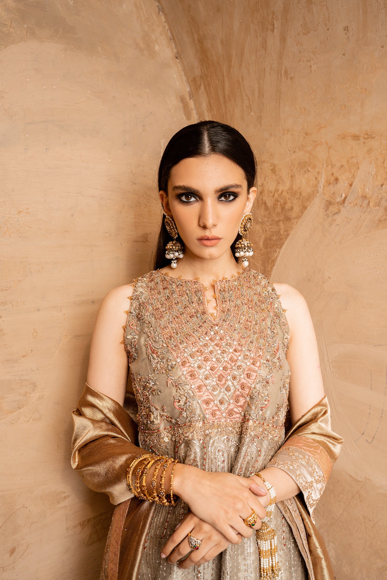 Silver Blush Pink Embroidered Tissue Kameez (3-Piece) - Image 2