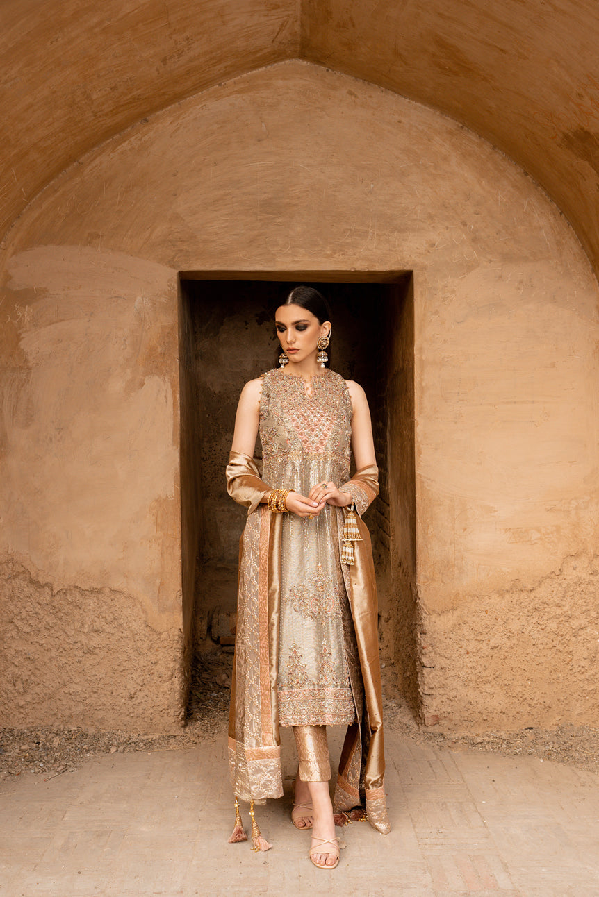 Silver Blush Pink Embroidered Tissue Kameez (3-Piece) - Image 3