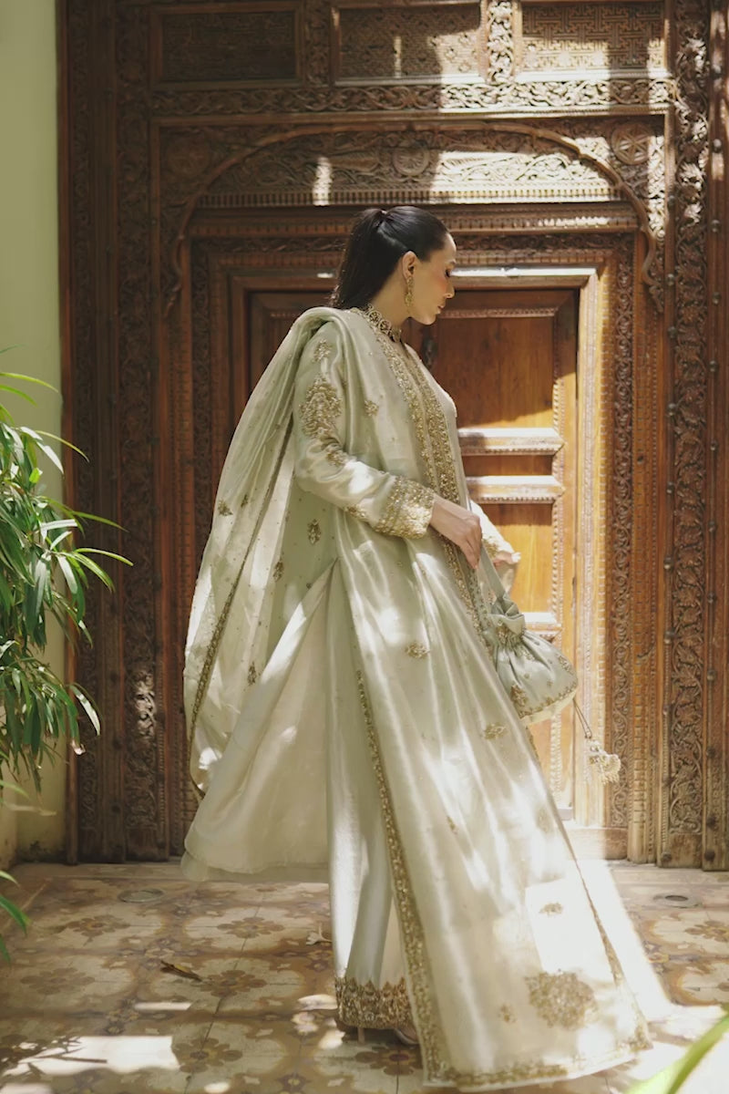 Silver-Grey Embellished Tissue & Raw Silk Salwar Kameez (3-Piece) - Image 4