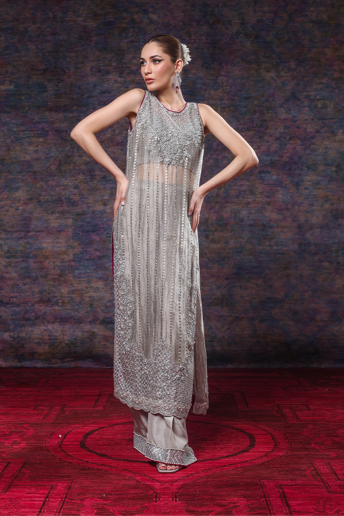 Pakistani Silver Embellished Tissue Long Shirt with Raw Silk Pants (2-Piece) - Image 1