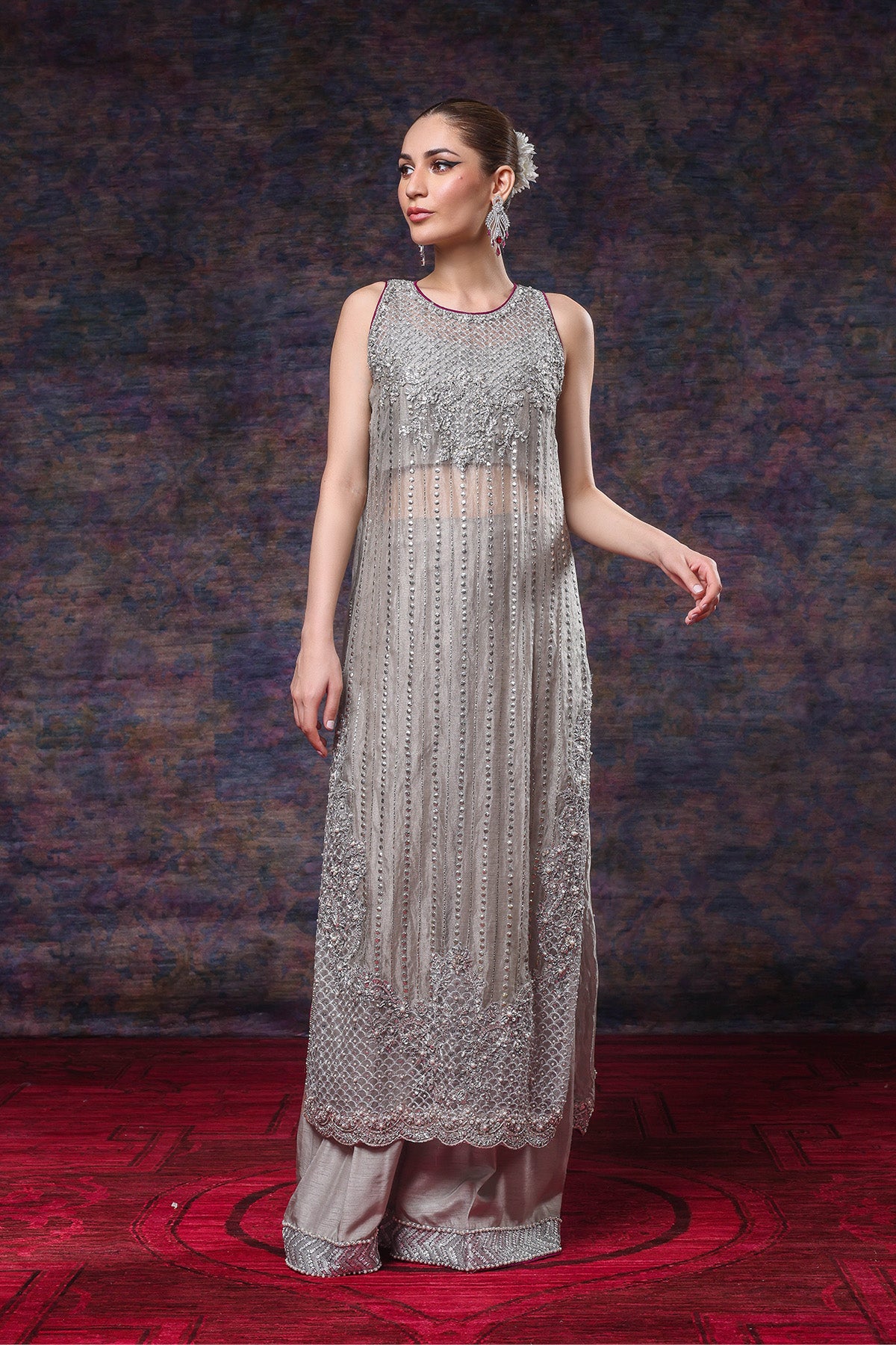 Pakistani Silver Embellished Tissue Long Shirt with Raw Silk Pants (2-Piece) - Image 2