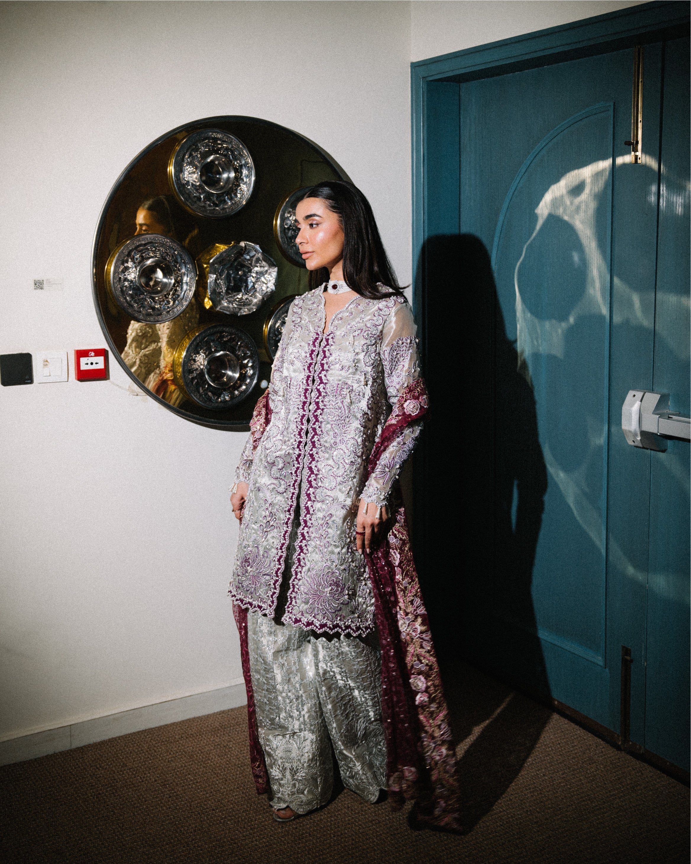 Silver & Purple Embroidered Tissue-Organza Salwar Kameez (3-Piece) - Image 2