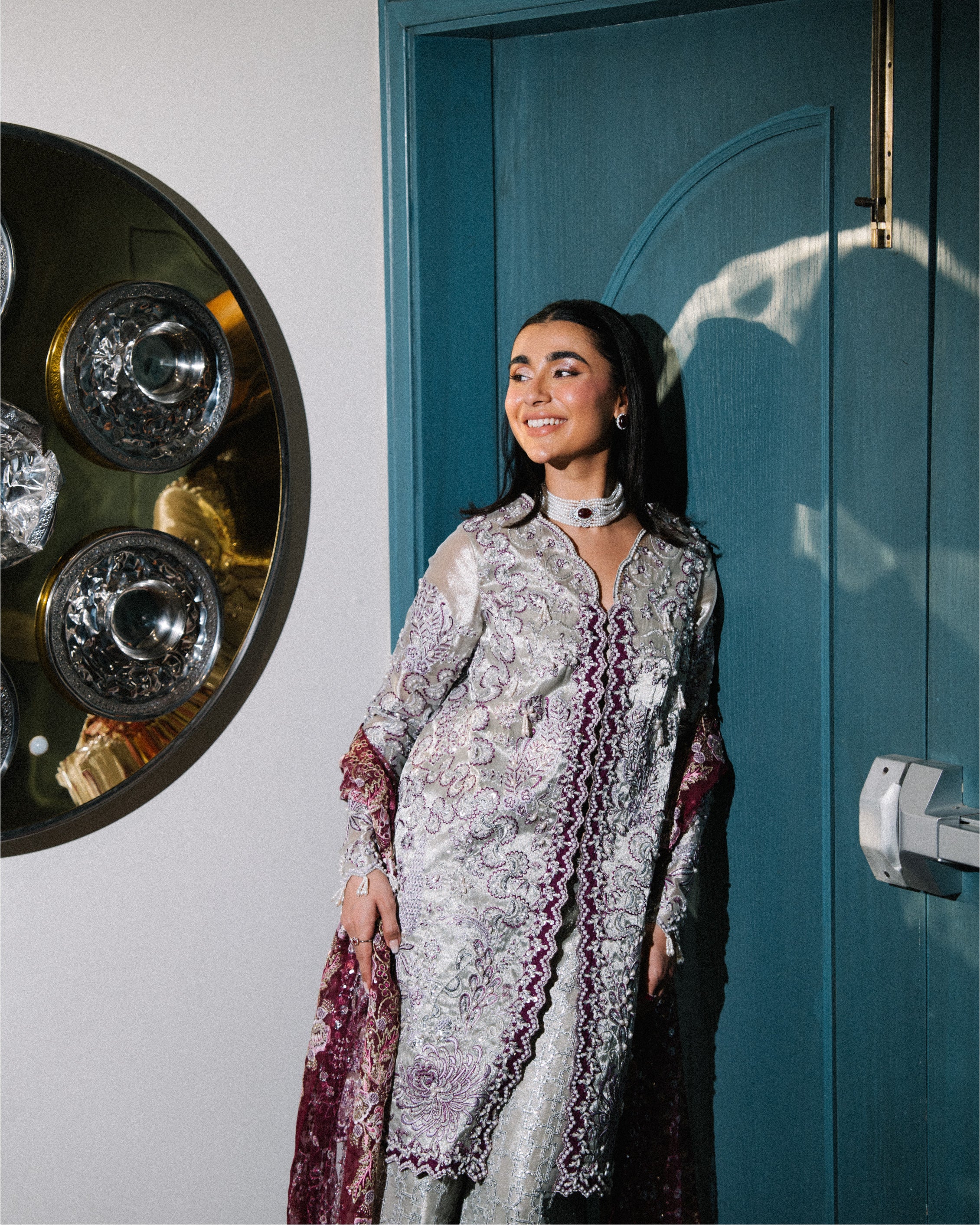 Silver & Purple Embroidered Tissue-Organza Salwar Kameez (3-Piece) - Image 4