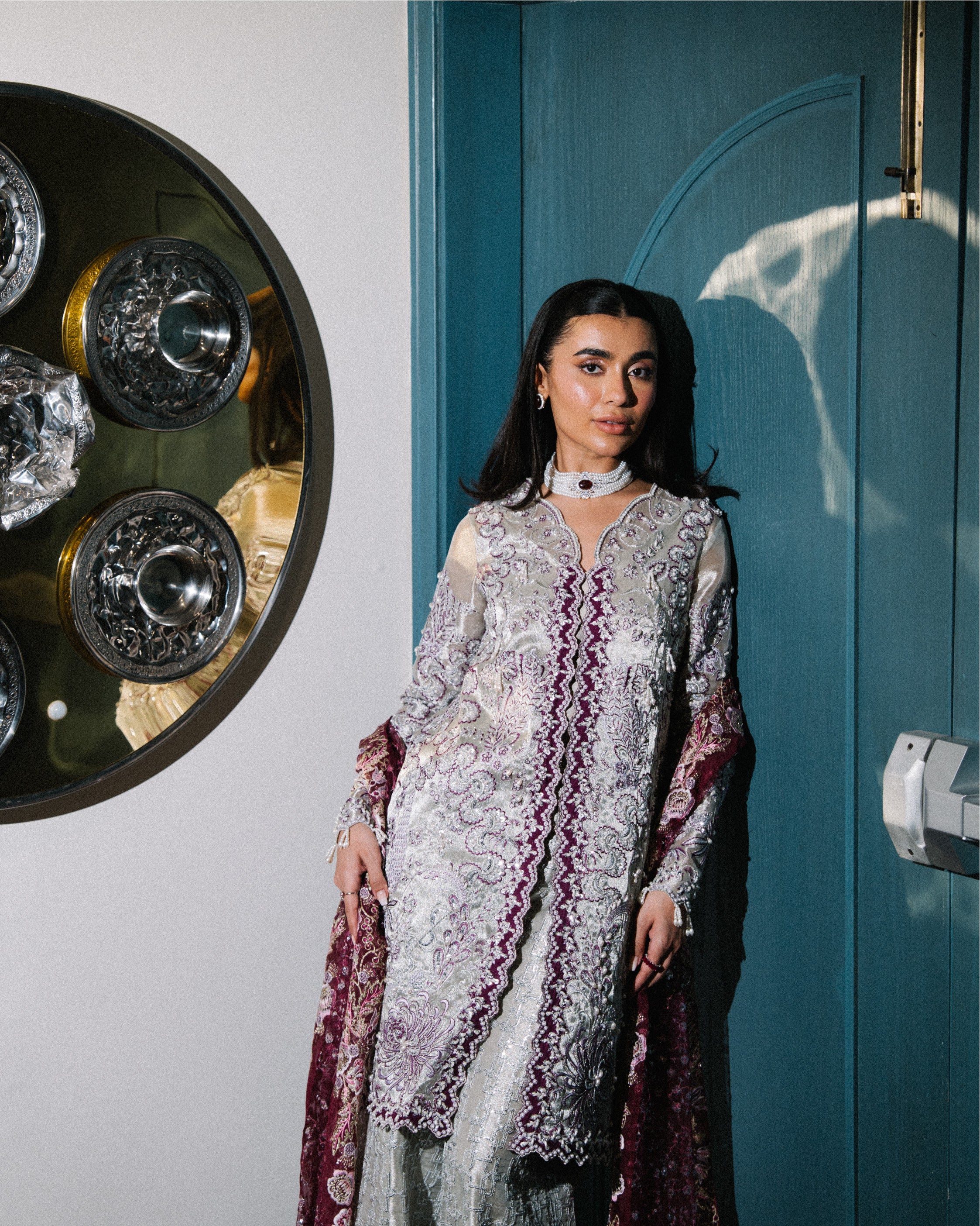 Silver & Purple Embroidered Tissue-Organza Salwar Kameez (3-Piece) - Image 5