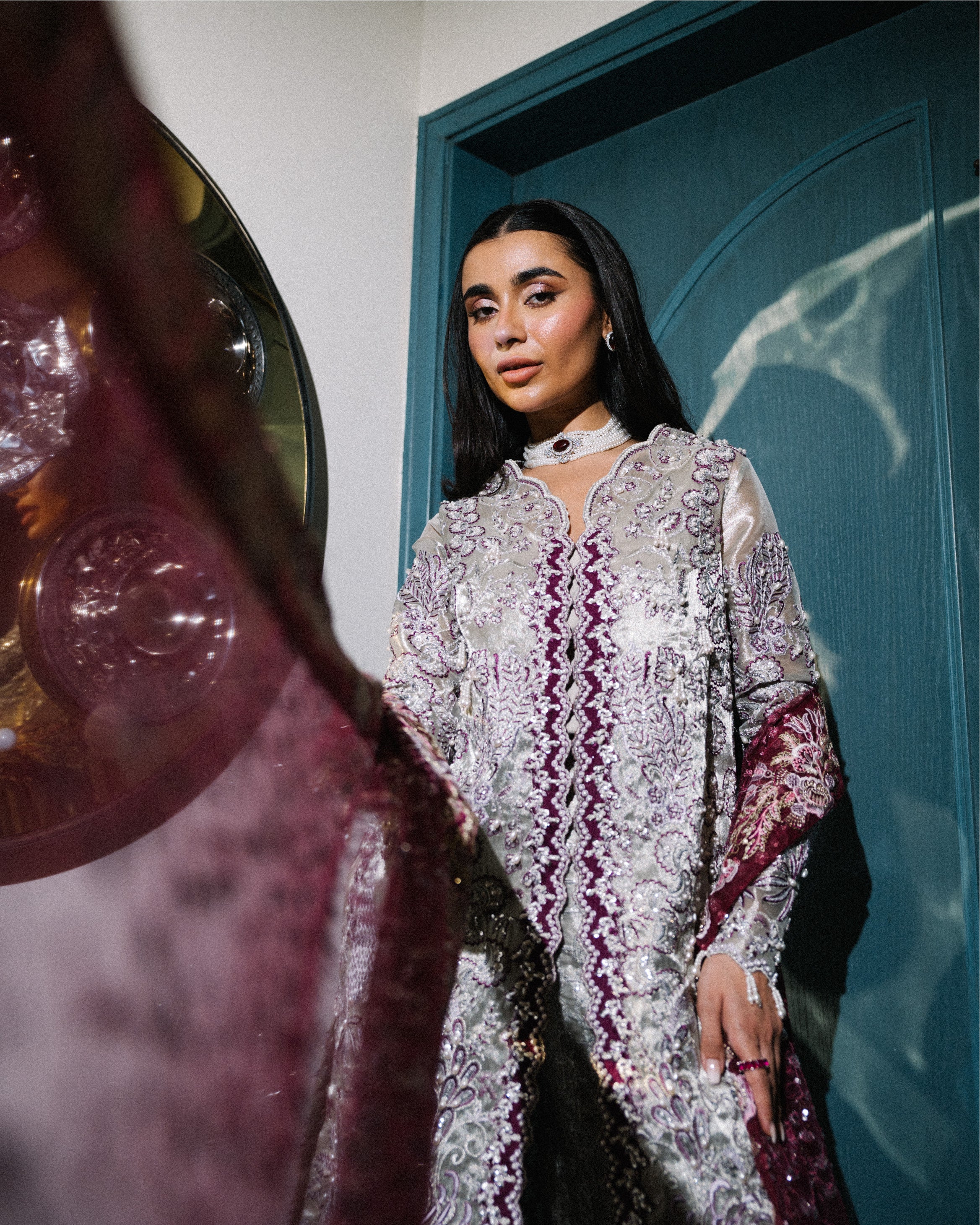 Silver & Purple Embroidered Tissue-Organza Salwar Kameez (3-Piece) - Image 6