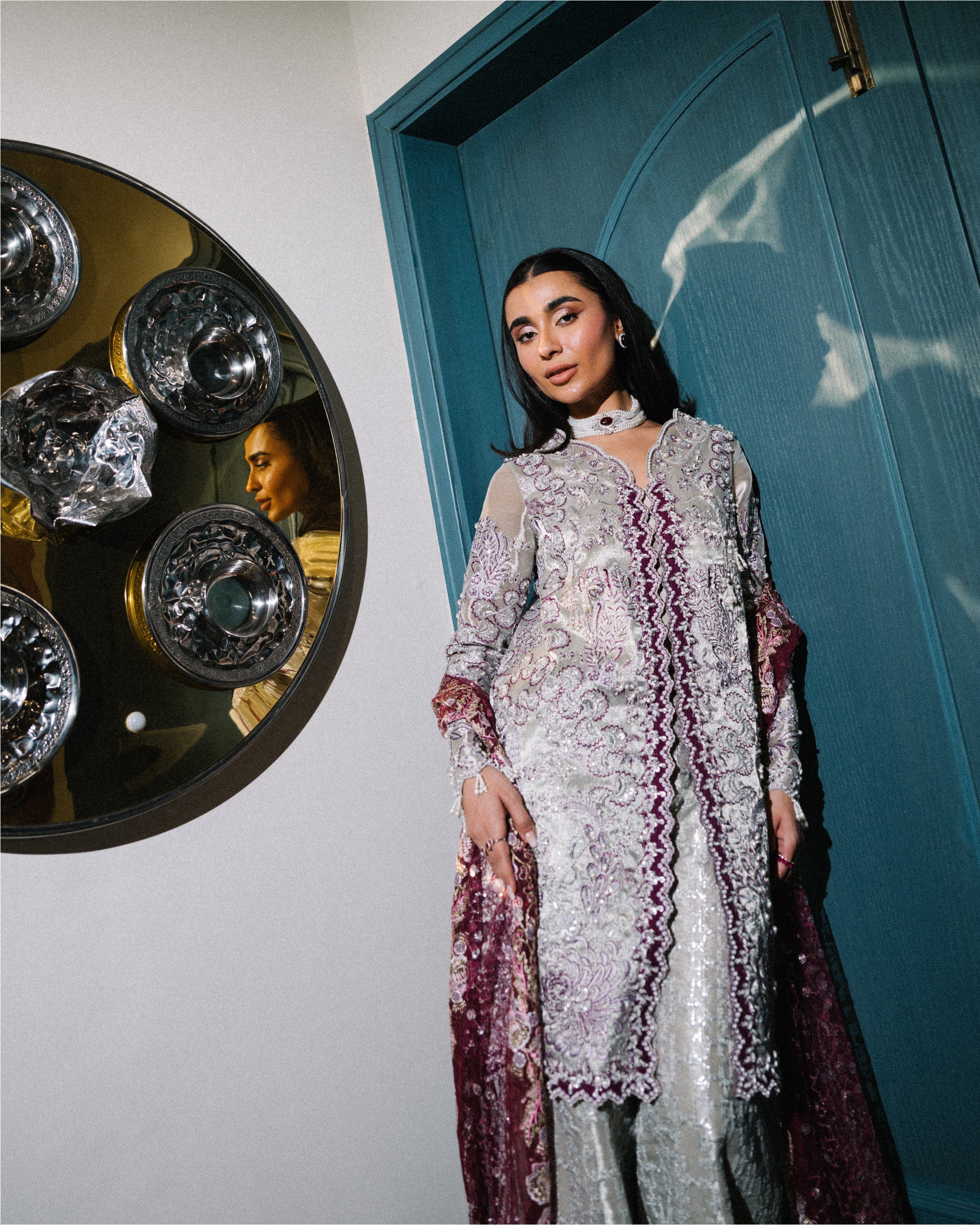 Silver & Purple Embroidered Tissue-Organza Salwar Kameez (3-Piece) - Image 7