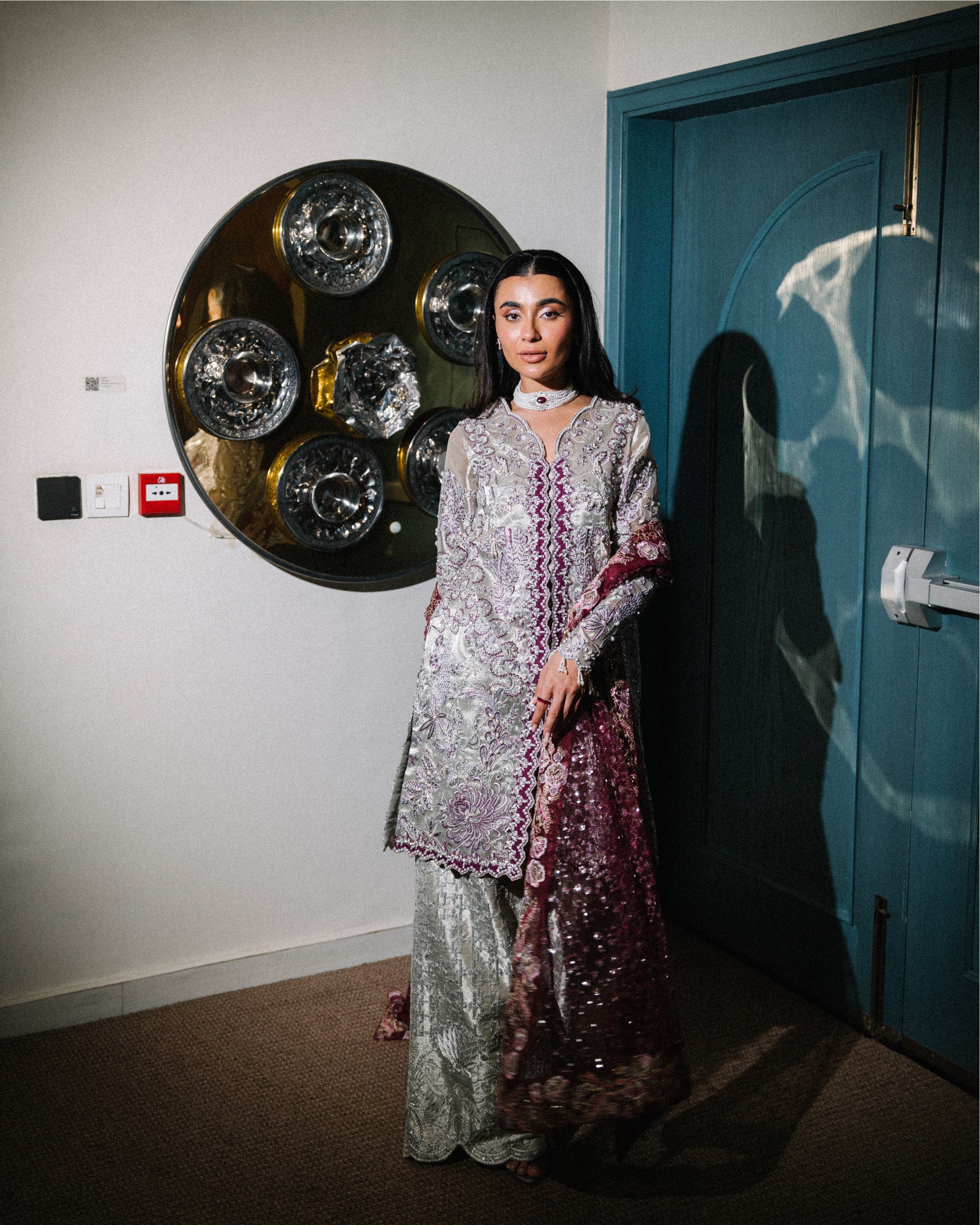 Silver & Purple Embroidered Tissue-Organza Salwar Kameez (3-Piece) - Image 8