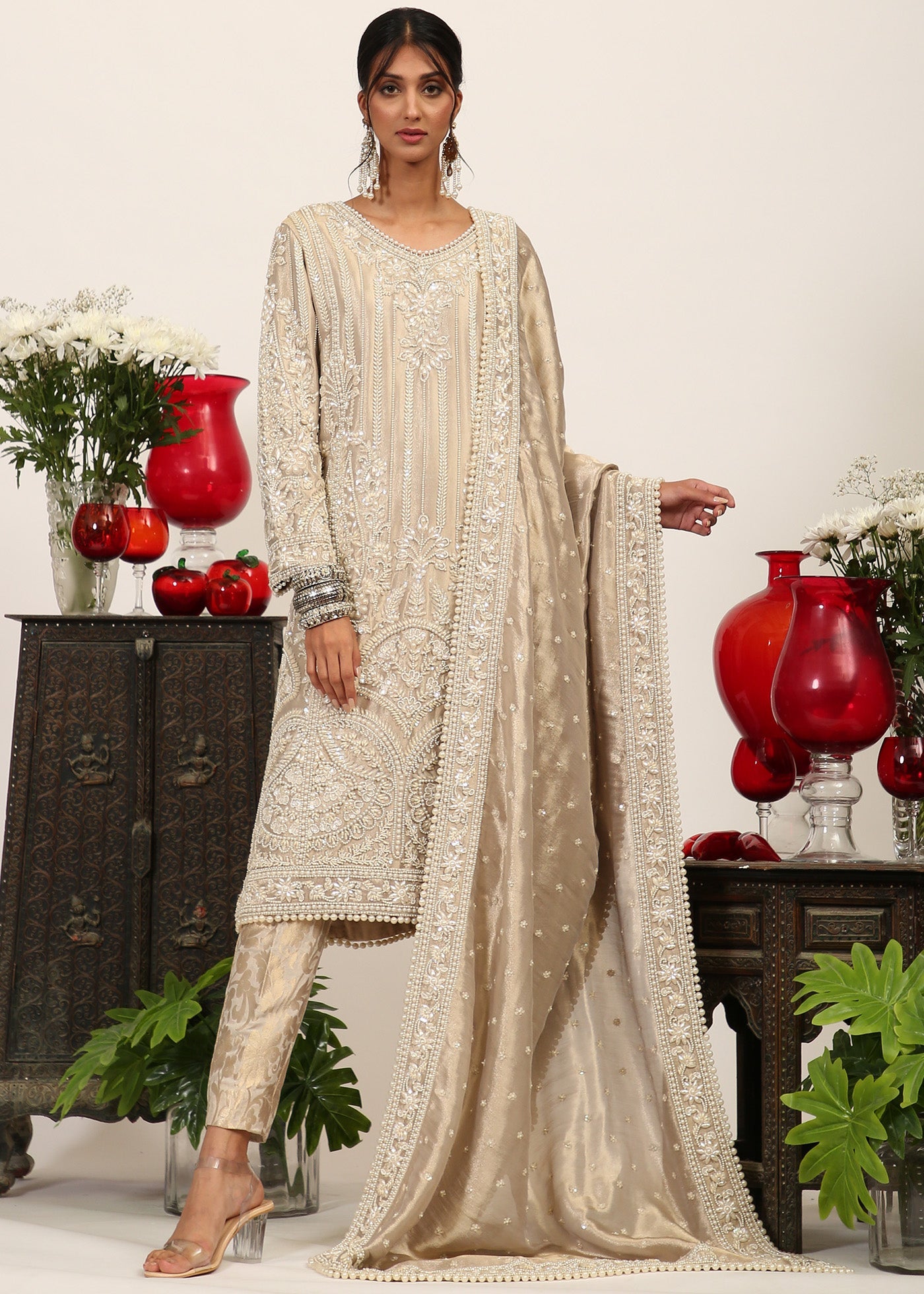 Silver Pearl Embroidered Woven Tissue Kurta (3-Piece) - Image 1
