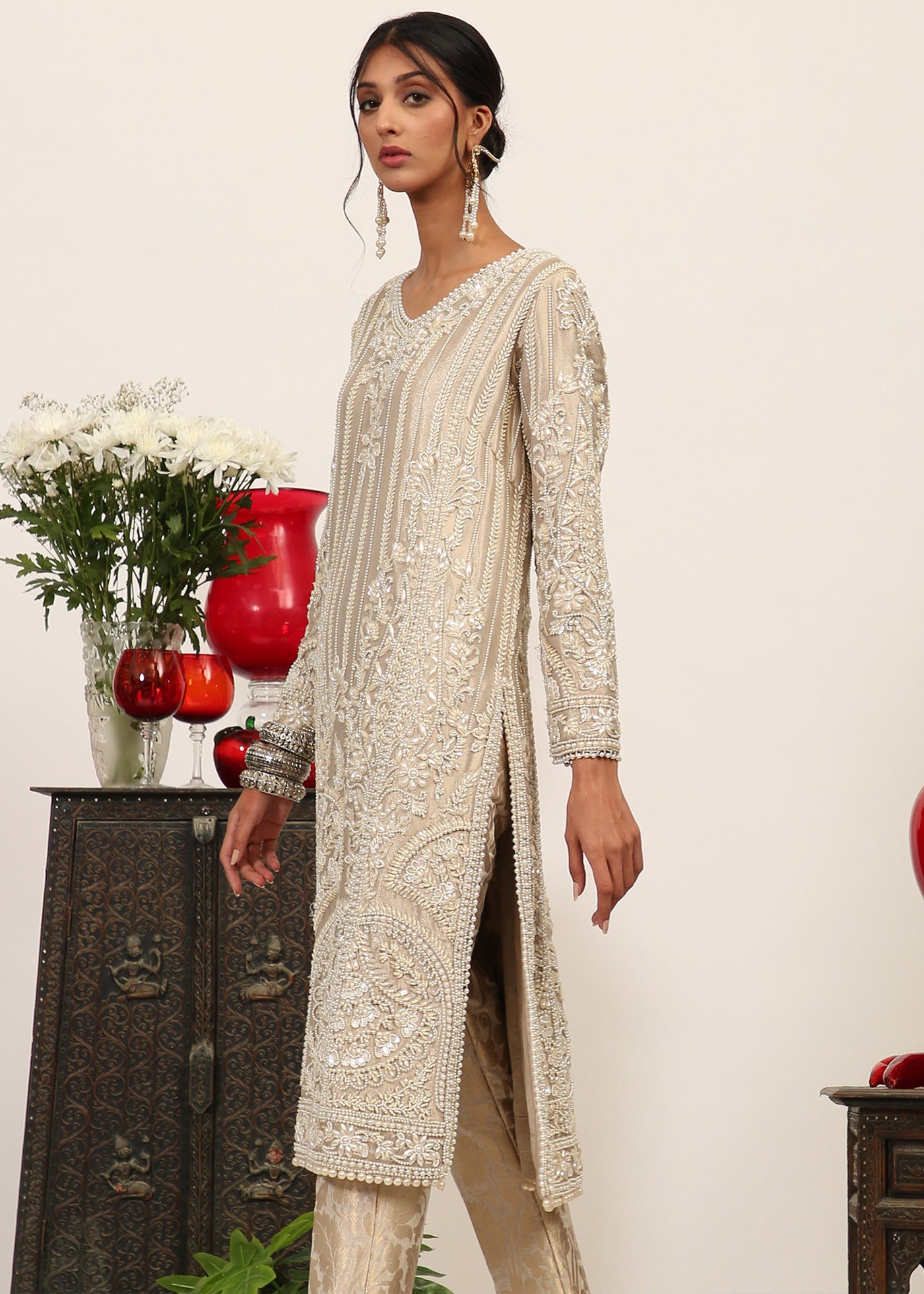 Silver Pearl Embroidered Woven Tissue Kurta (3-Piece) - Image 2