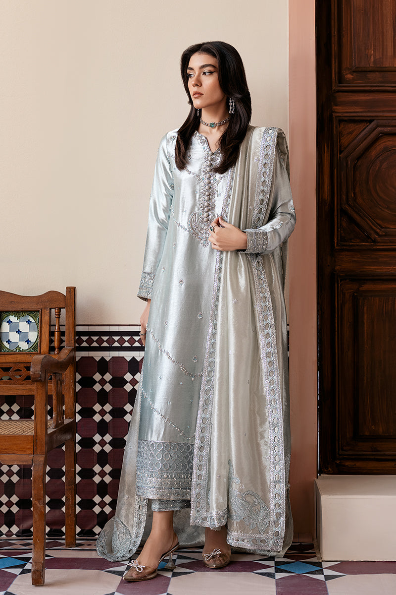 Silver Blue Embroidered Zari Tissue Silk Salwar Kameez (3-Piece) - Image 1