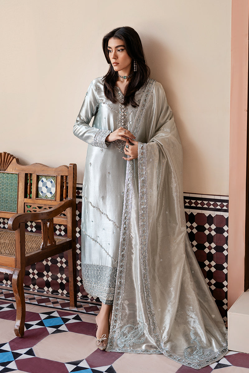Silver Blue Embroidered Zari Tissue Silk Salwar Kameez (3-Piece) - Image 2