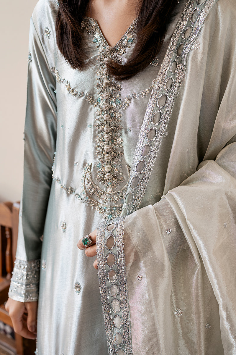 Silver Blue Embroidered Zari Tissue Silk Salwar Kameez (3-Piece) - Image 3