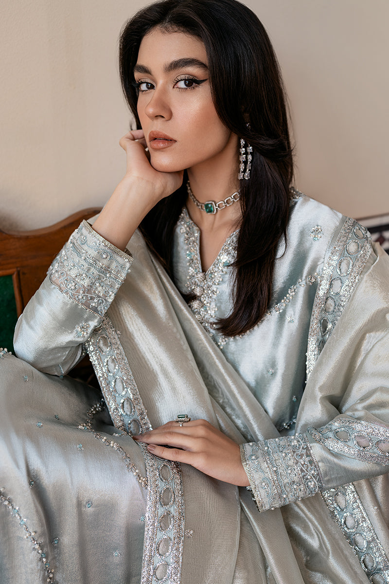 Silver Blue Embroidered Zari Tissue Silk Salwar Kameez (3-Piece) - Image 5