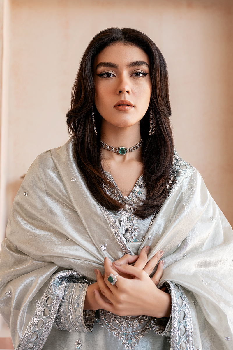 Silver Blue Embroidered Zari Tissue Silk Salwar Kameez (3-Piece) - Image 6