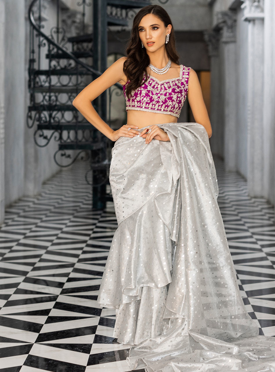 Indian Silver Zardozi Brocade Saree (2-Piece) - Image 2