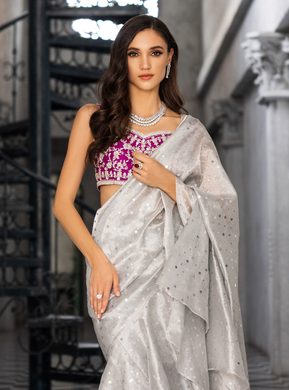Indian Silver Zardozi Brocade Saree (2-Piece) - Image 5
