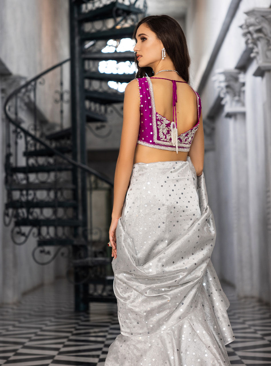 Indian Silver Zardozi Brocade Saree (2-Piece) - Image 7