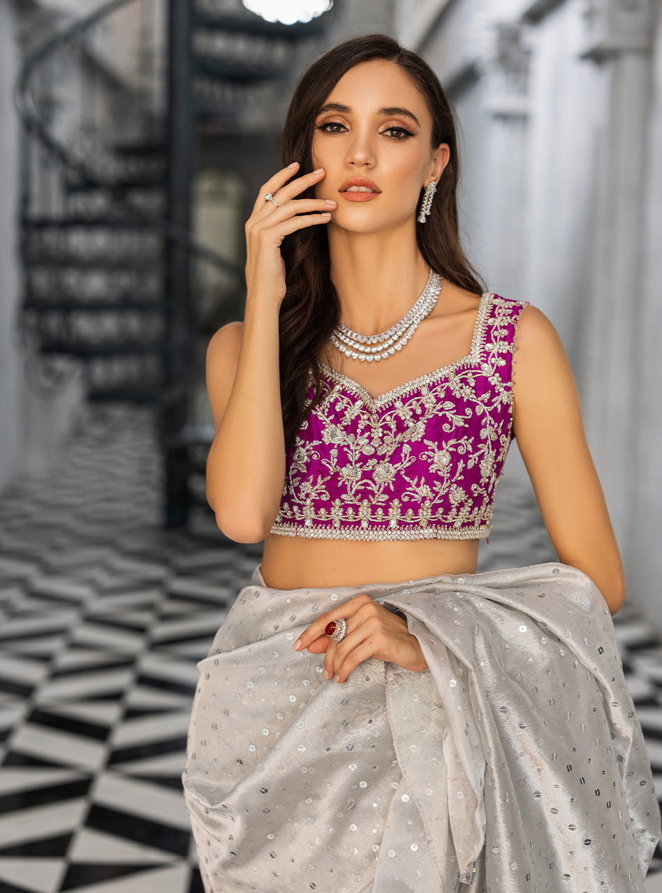 Indian Silver Zardozi Brocade Saree (2-Piece) - Image 9