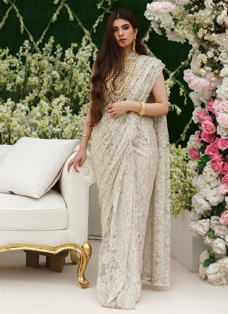 Pakistani Silver Swarovski Chantilly Lace Saree (2-Piece) - Image 1