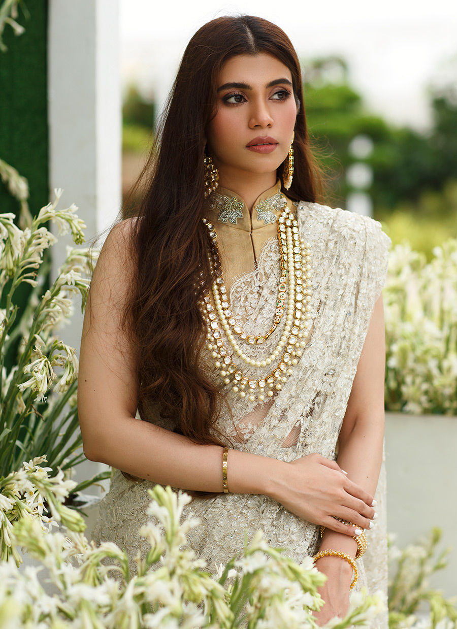 Pakistani Silver Swarovski Chantilly Lace Saree (2-Piece) - Image 3