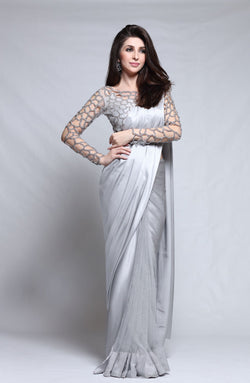 Silver Cutwork Net Blouse & Silk Saree (2-Piece) - Image 1