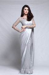 Silver Cutwork Net Blouse & Silk Saree (2-Piece) - Image 2