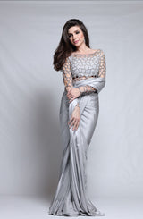 Silver Cutwork Net Blouse & Silk Saree (2-Piece) - Image 4