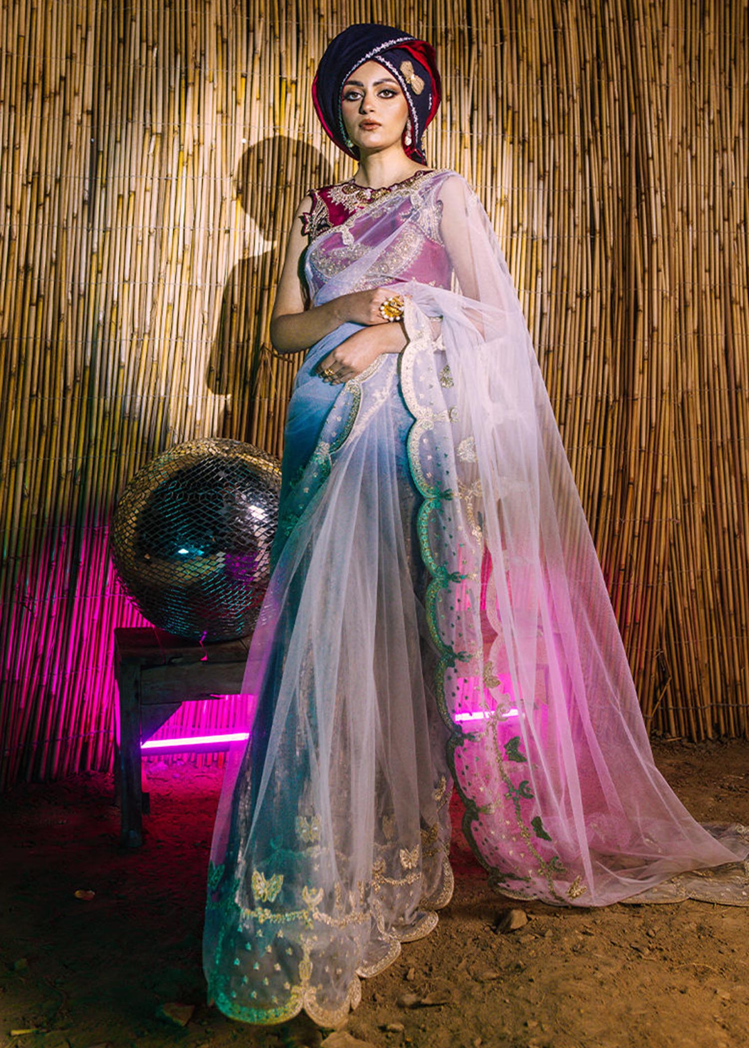 Pakistani Silver-Grey Adda Work Net Saree (2-Piece) - Image 1