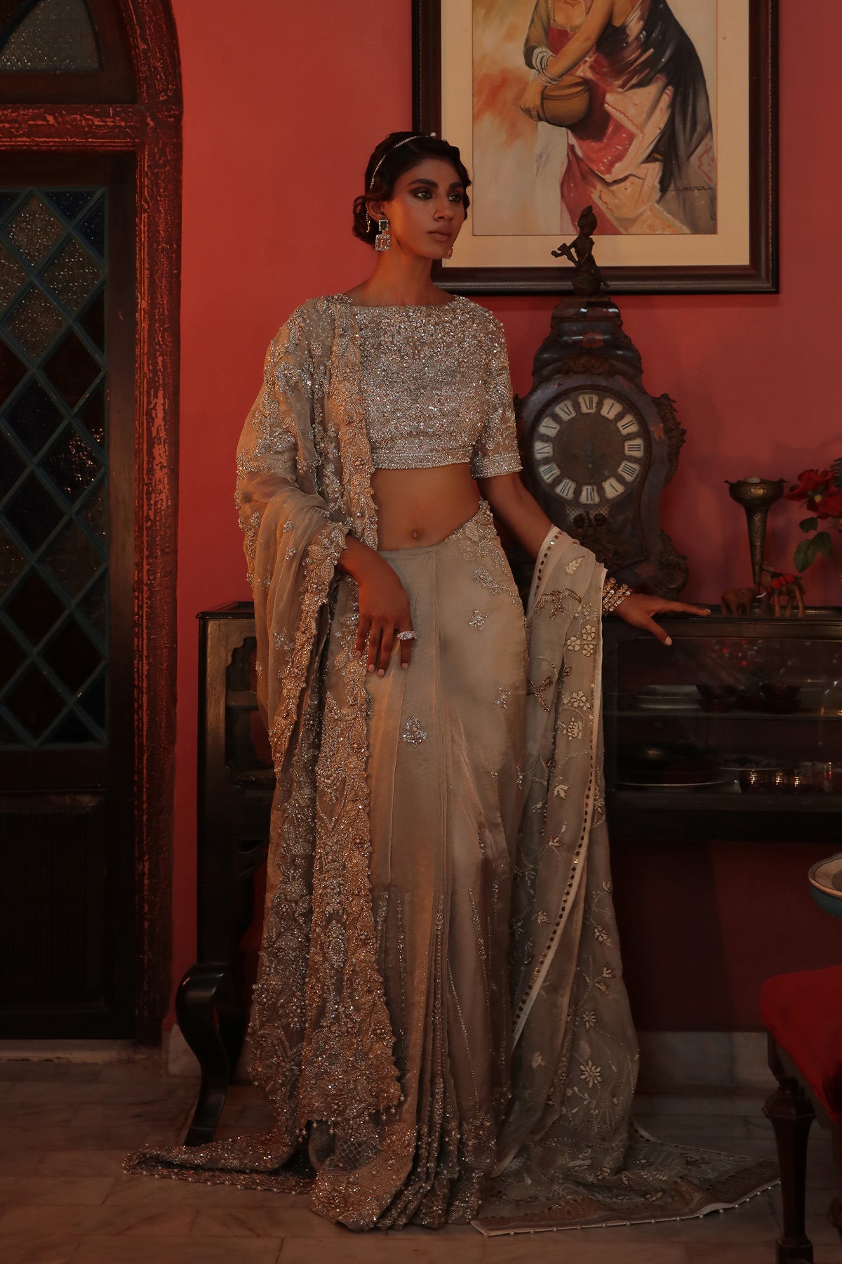 Pakistani Silver Grey Embellished Organza & Net Bridal Saree (2-Piece) - Image 1