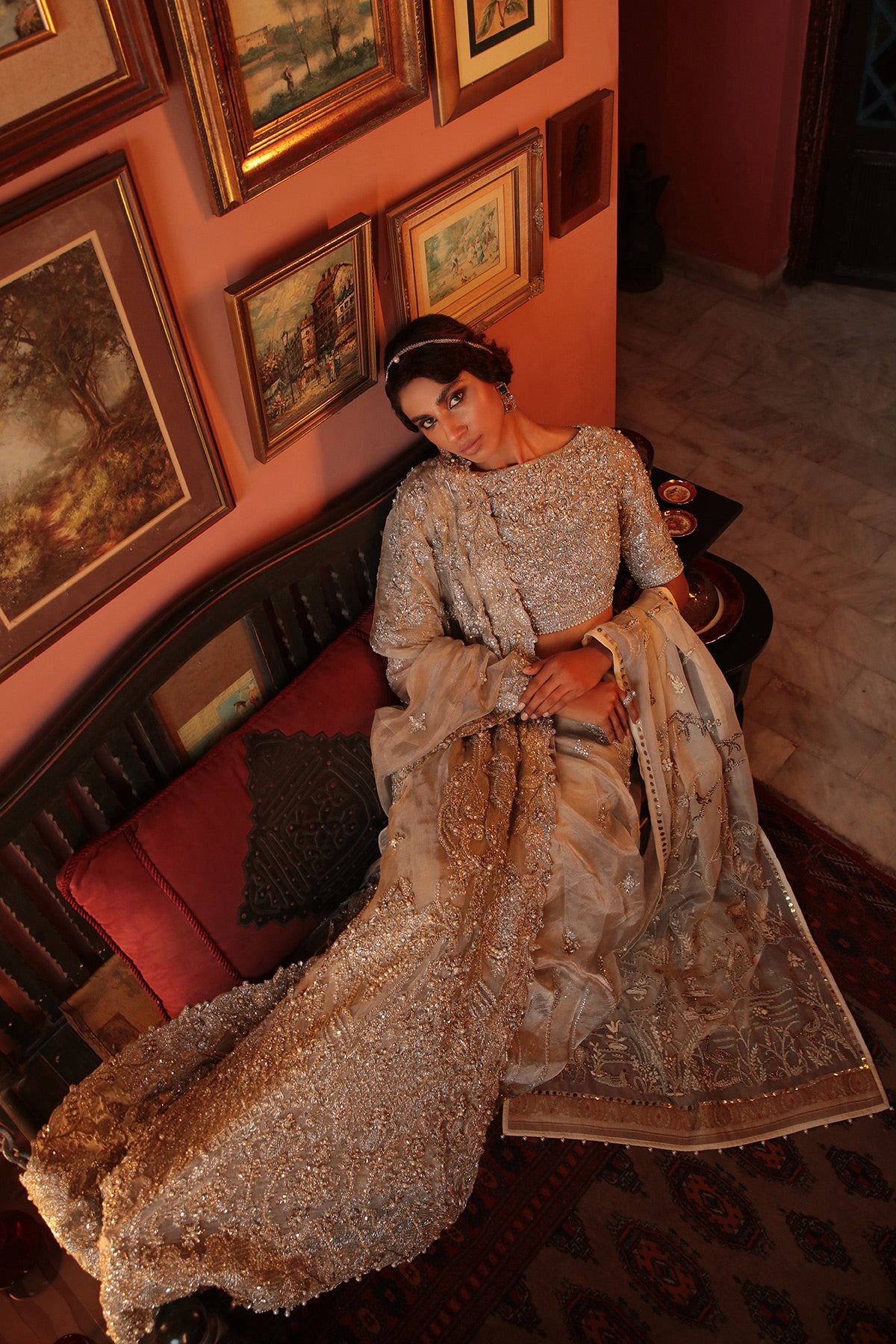 Pakistani Silver Grey Embellished Organza & Net Bridal Saree (2-Piece) - Image 2