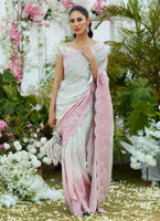 Pakistani Silver to Blush Ombre Embroidered Tissue & Charmeuse Saree (2-Piece) - Image 2
