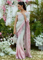 Pakistani Silver to Blush Ombre Embroidered Tissue & Charmeuse Saree (2-Piece) - Image 3