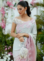 Pakistani Silver to Blush Ombre Embroidered Tissue & Charmeuse Saree (2-Piece) - Image 4