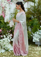 Pakistani Silver to Blush Ombre Embroidered Tissue & Charmeuse Saree (2-Piece) - Image 6