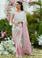 Pakistani Silver to Blush Ombre Embroidered Tissue & Charmeuse Saree (2-Piece) - Image 7