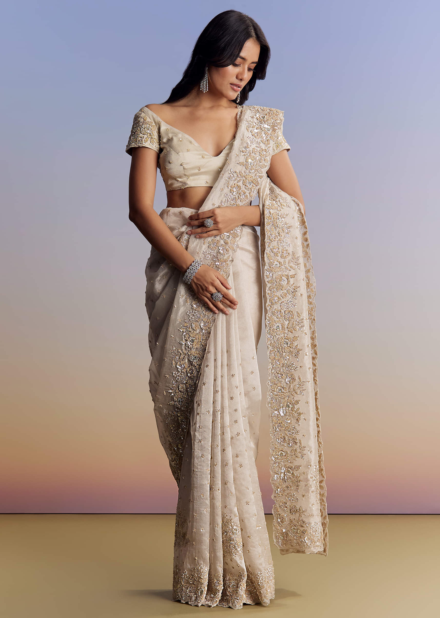 Indian Silver Floral Cut Dana Tissue Saree (2-Piece) - Image 1