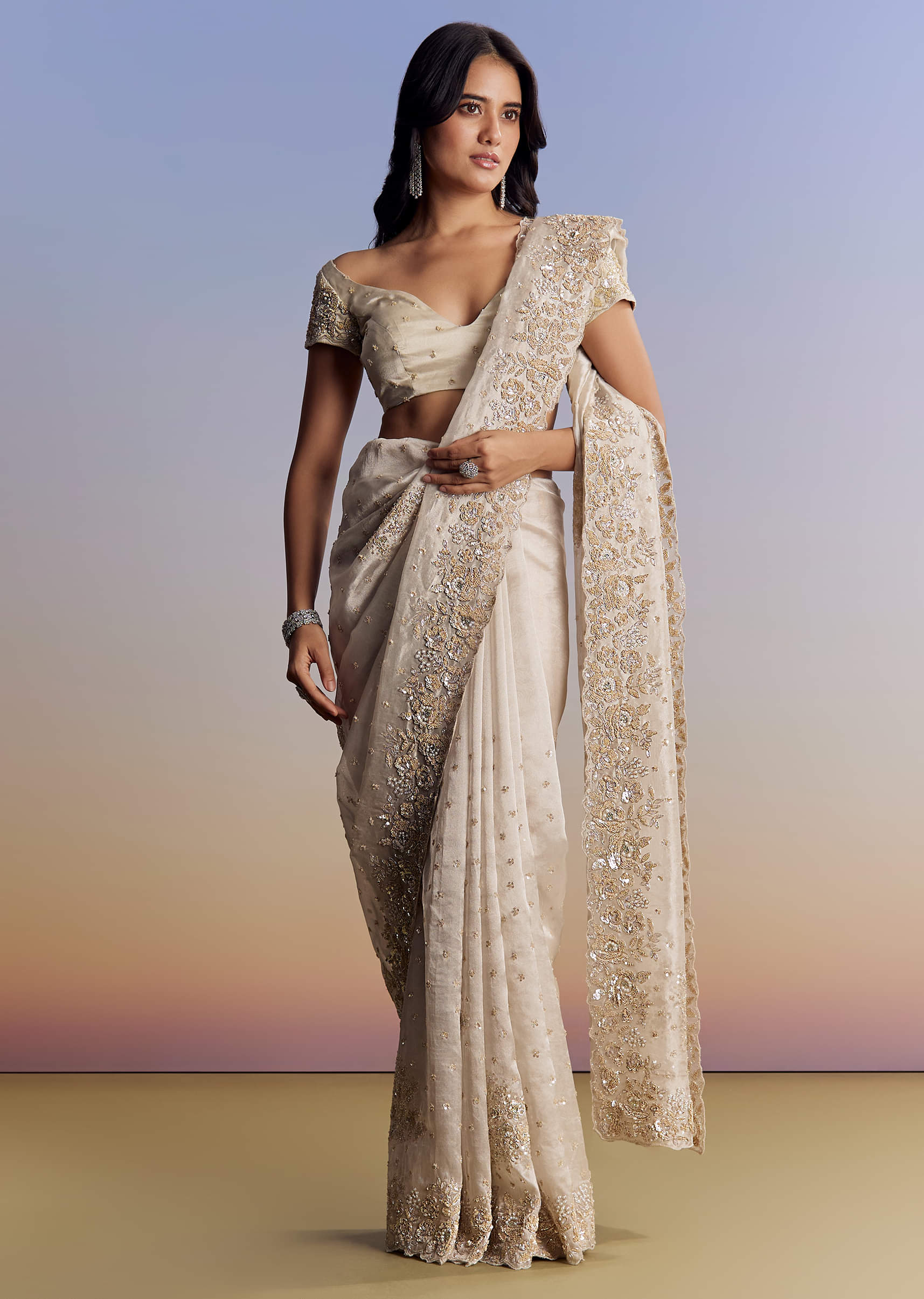 Indian Silver Floral Cut Dana Tissue Saree (2-Piece) - Image 2