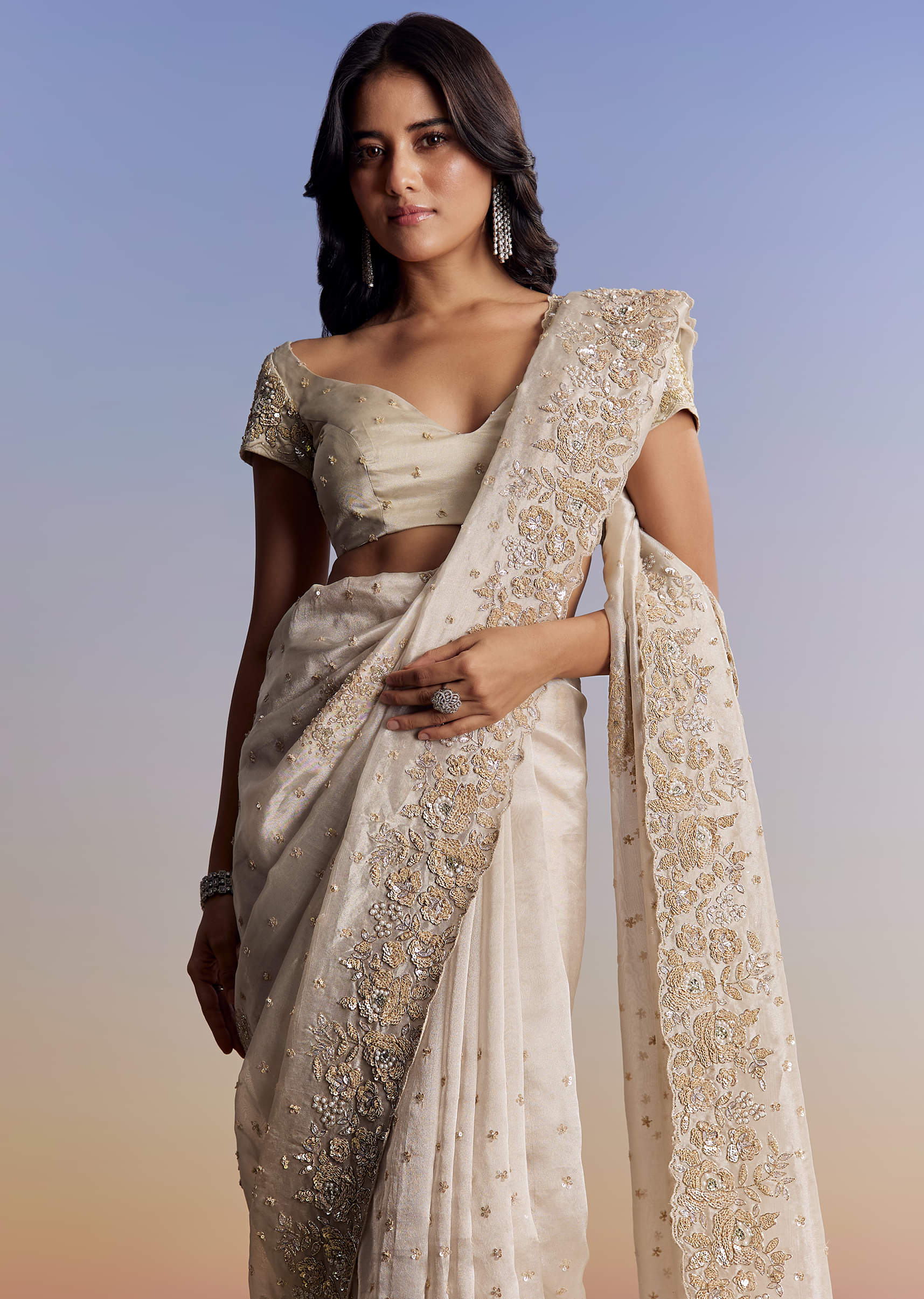 Indian Silver Floral Cut Dana Tissue Saree (2-Piece) - Image 4