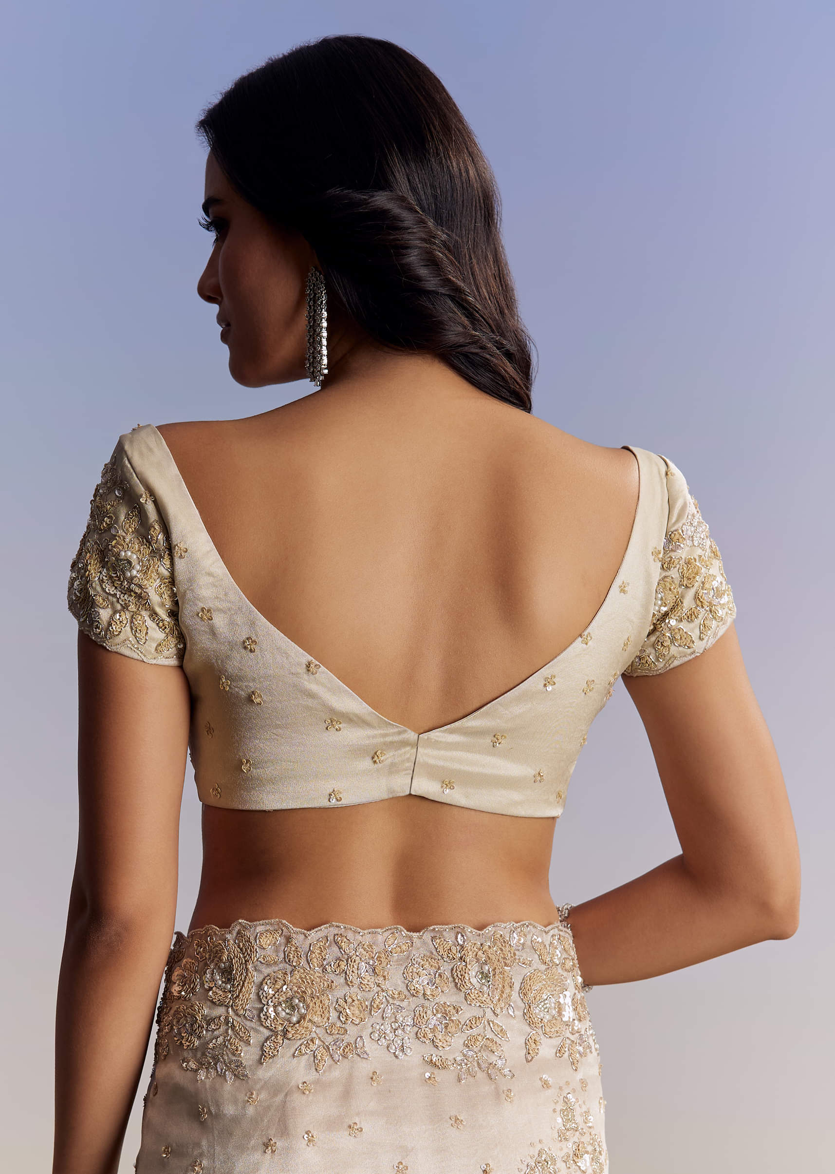 Indian Silver Floral Cut Dana Tissue Saree (2-Piece) - Image 7