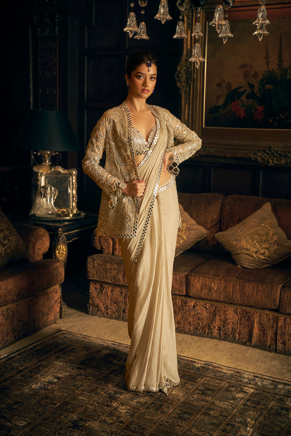 Indian Silver Mirror Work Tissue Georgette Saree (3-Piece) - Image 1