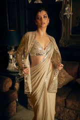 Indian Silver Mirror Work Tissue Georgette Saree (3-Piece) - Image 3