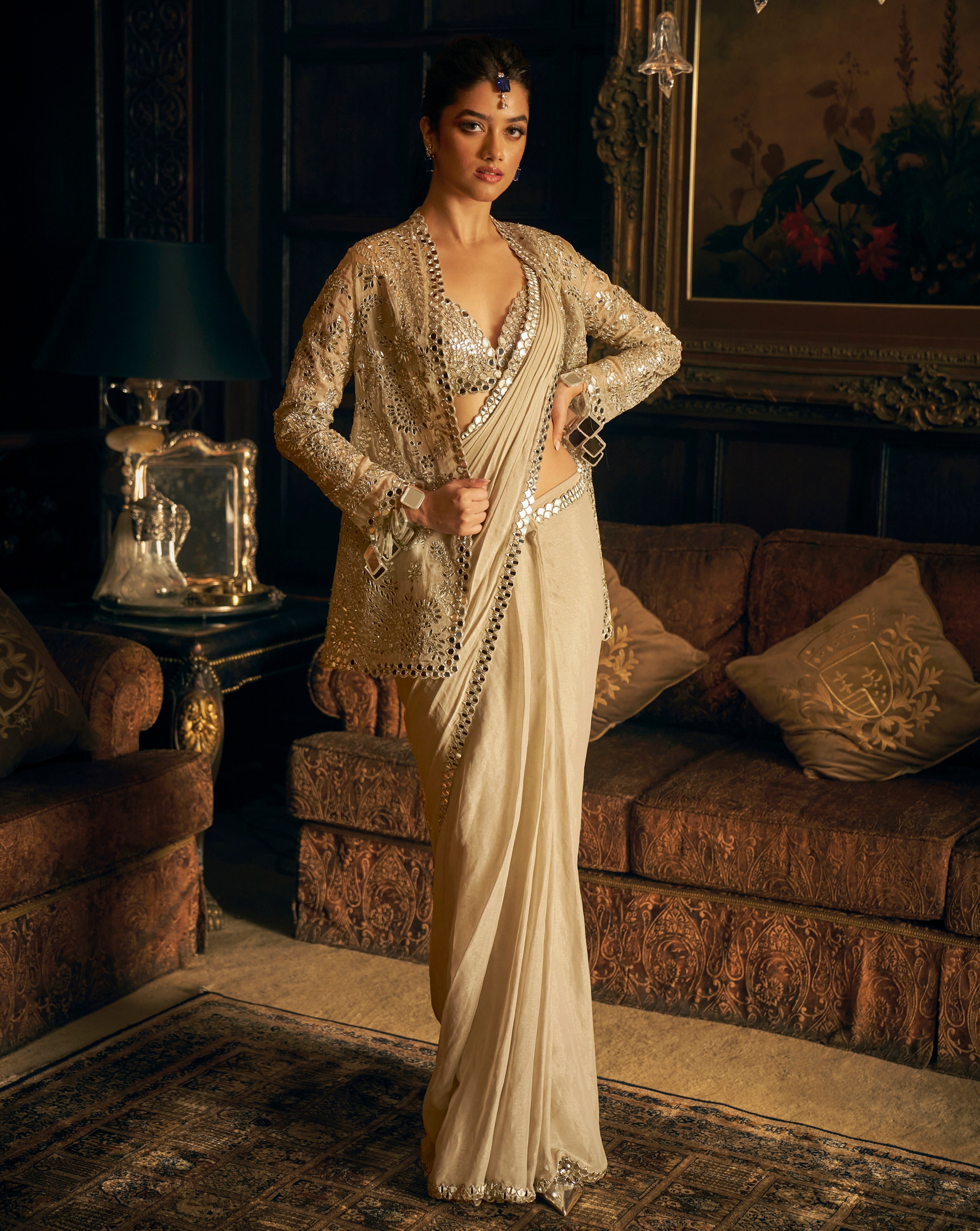 Indian Silver Mirror Work Tissue Organza Saree (2-Piece) - Image 1