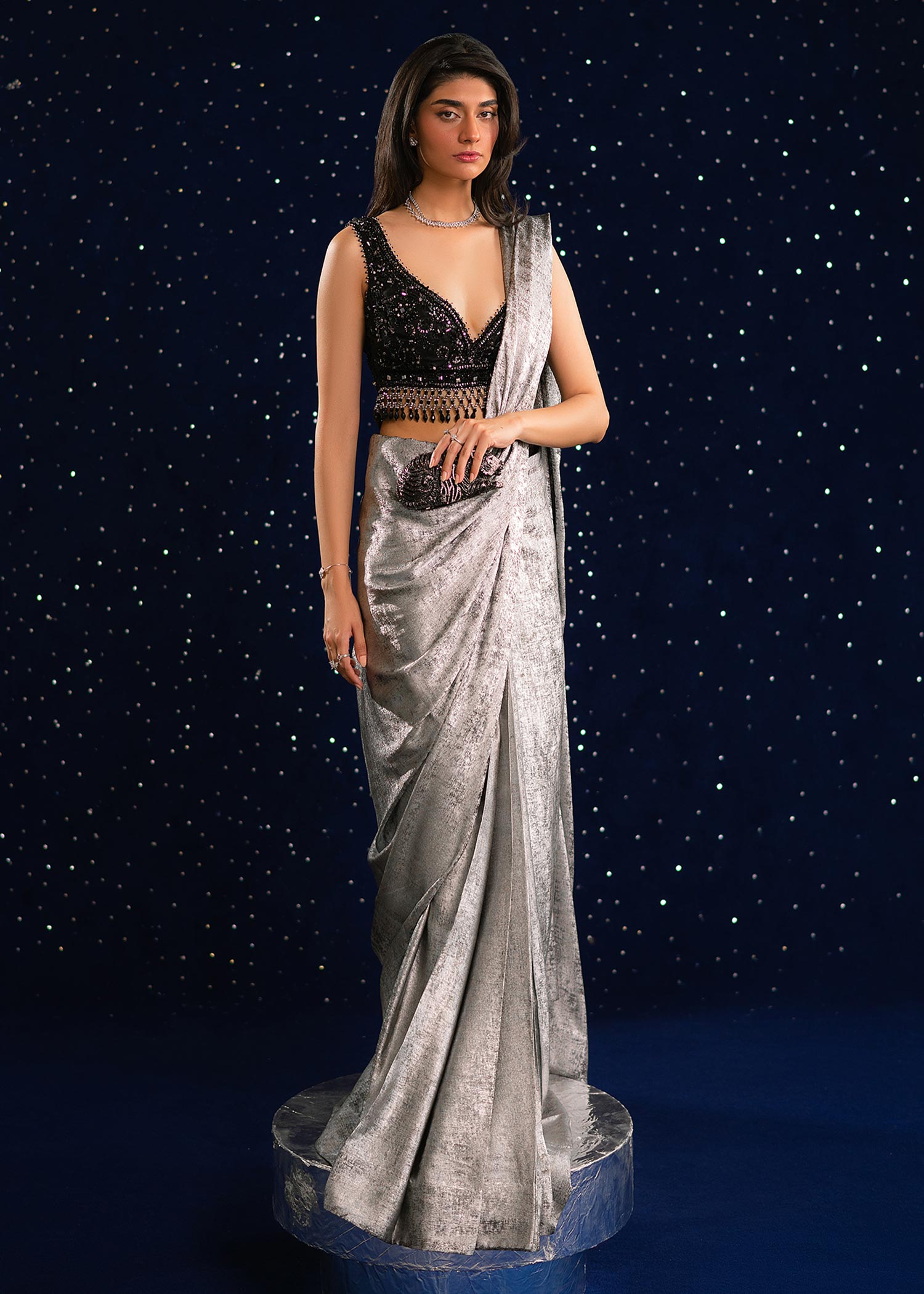 Pakistani Black & Silver Embellished Velvet Silk Saree (2-Piece) - Image 2