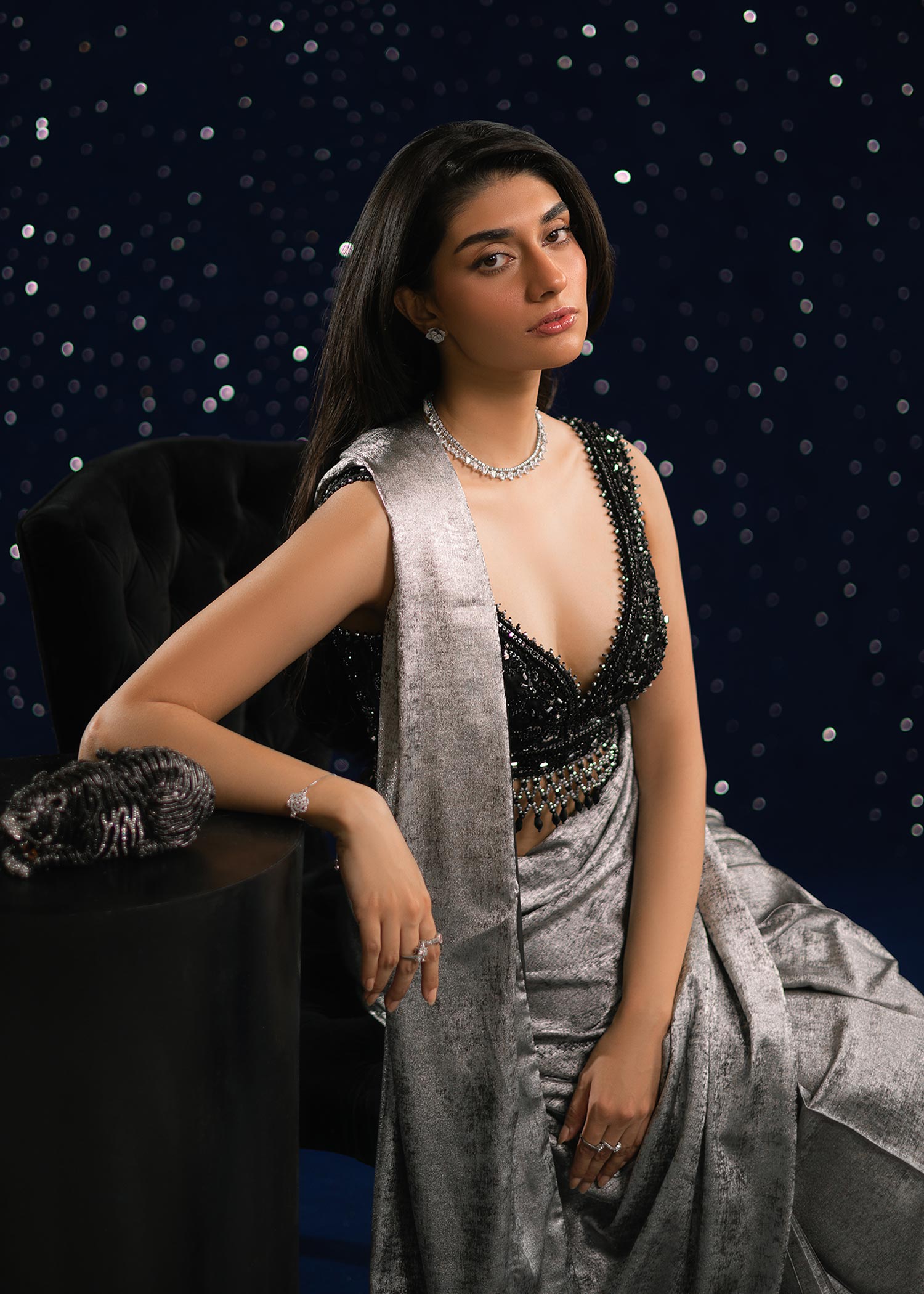 Pakistani Black & Silver Embellished Velvet Silk Saree (2-Piece) - Image 3