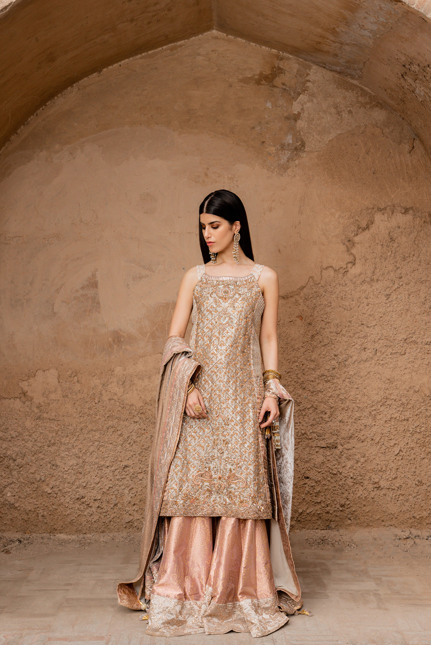 Silver Embroidered Tissue Kameez with Blush Pink Sharara (3-Piece) - Image 2