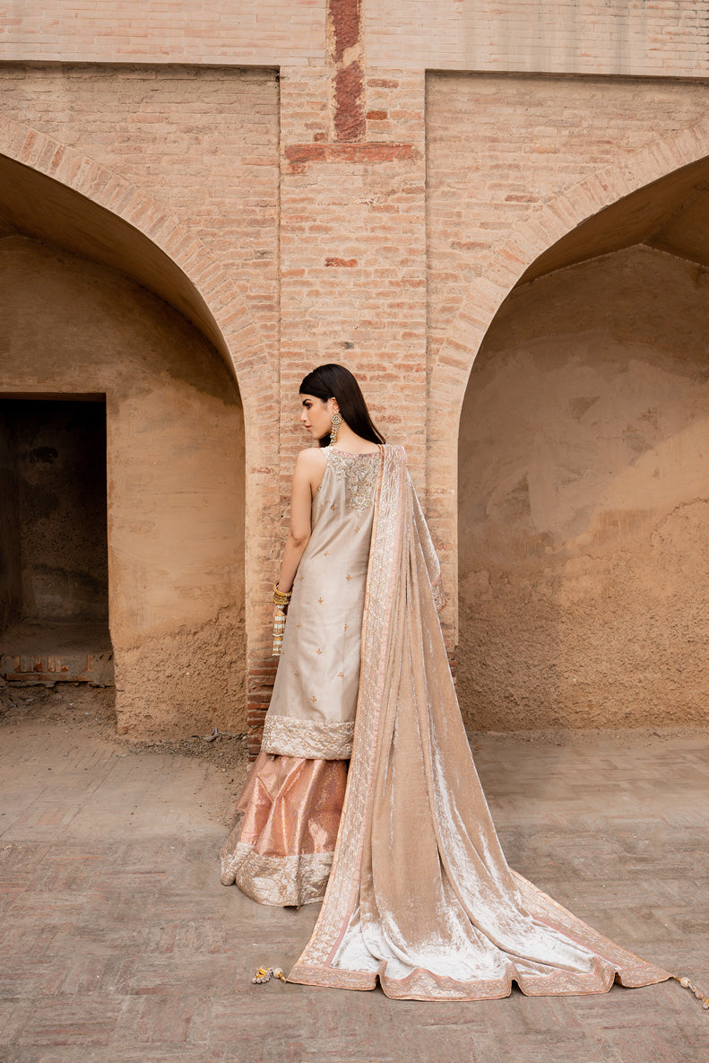 Silver Embroidered Tissue Kameez with Blush Pink Sharara (3-Piece) - Image 4