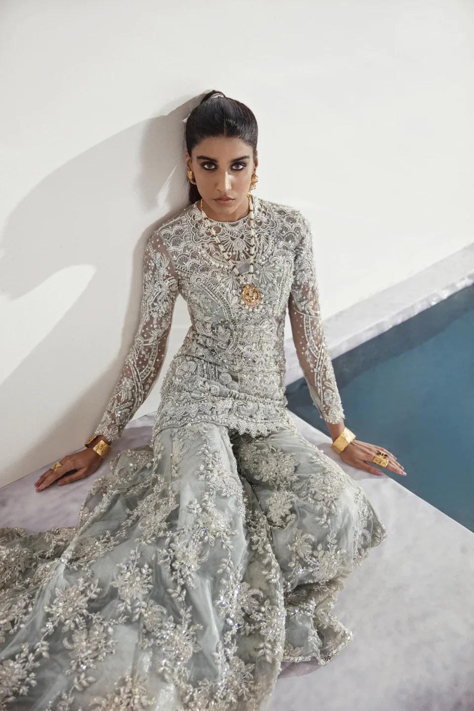 Silver Embellished Net Sharara Set (2-Piece) - Image 3