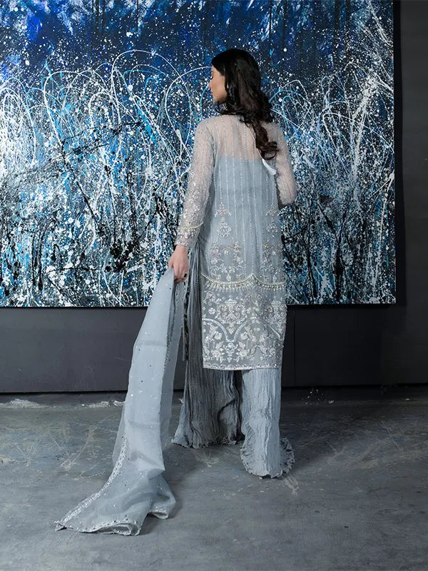 Pakistani Silver Grey Embroidered Net Organza Sharara (3-Piece) - Image 2