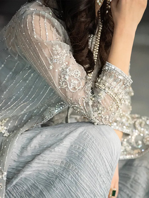 Pakistani Silver Grey Embroidered Net Organza Sharara (3-Piece) - Image 3