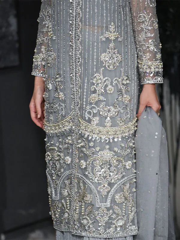 Pakistani Silver Grey Embroidered Net Organza Sharara (3-Piece) - Image 4